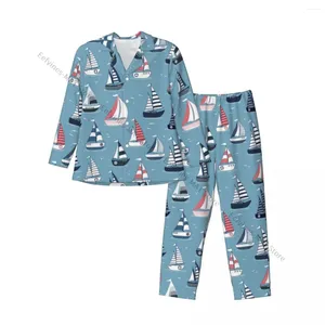 Conjuntos de pijama masculinos desenhos animados barcos manga longa lazer outwear outono inverno loungewear