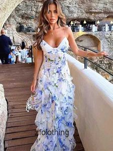 Casual Dresses Tierred Ruffles Flower Print Sling Maxi Dress Fashion bohe ärmlös kroppskonvestidos kvinnlig strand semester länge ogräsrock EC91