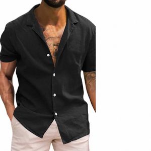 Black Beach w stylu plaży Hawaje Tops z krótkim rękawem Turn-Down Kołnierz Watch Linen Butt Bluzka Work Work Travel Style Mężczyzna luźna koszula C9MF#