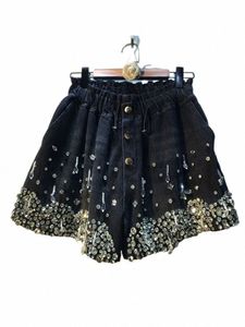 deat Women Denim Shorts Beaded Diamds Elasticity High Waist Wide Leg Solid Color Short Jeans 2024 Summer New Fi 29L34 y5AL#