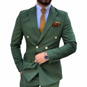 Abito da uomo verde reale 2021 doppio petto Slim Fit abiti da cerimonia nuziale formali Groomsmen Blazer Pants 2 pezzi Terno Masculino I4P5 #