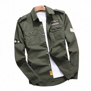 herrskjortor militär casual skjorta Cott Khaki Retro Slim Fit With Pocket LG Sleeve Vintage Jacket Streetwear Drop Ship H0FU#