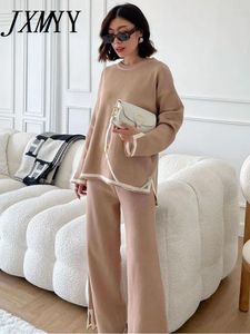 Women's Two Piece Pants JXMYY Autumn Style Of Temperament Contrast Color Slit Long Sleeve Knitted High Waist Thin Wide Leg Suit Woman