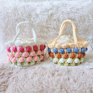 Evening Bags Contrast Color Woven Bag Three Tulip Flowers Pure Hand Crochet Knitted Wool Small Handbag