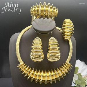 Necklace Earrings Set Big Size Dubai 24K Gold Plated Jewelry African Pendant Earring Bracelet Ring Women Golden Chain Party Wedding Gifts
