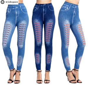 Kadınlar kot moda şerit baskılı taklit denim tozluk elastik ince hiptight pantolonlar kabarcık popo pantolon kot pantolon kadın yoga spor giyim 24328