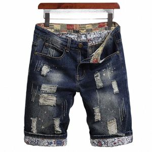 men Denim Shorts Ripped Holes Patch Design Shorts Men's Retro Denim Shorts with Ripped Holes Patch Design Straight for Summer I7n3#