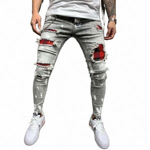 Autumn Patchwork Men jeans fi tiggar editi målade svarta magra jeans man y2k rippade hip hop denim byxor casual byxor 26Jk#