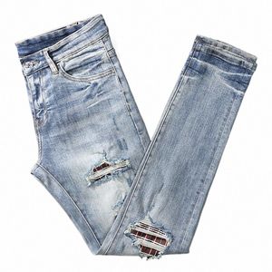 High Street Fi Men Jeans Retro Wed Blue Elastic Skinny Ripped Jeans Plaid Patched Designer Hip Hop Brand Pants Hombre P3aq#