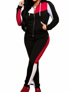 lw Лоскутный спортивный костюм Брюки Комплект осень-зима Женский воротник с капюшоном Тонкий спортивный двухсекционный топ на молнии + комплект брюк Lg x7QK #