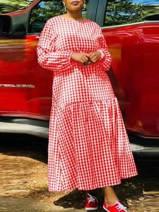 Plus Size VONDA Autumn Plaid Dres Sundress ONeck Long Sleeve Ruffled Maxi Dress Elegant Casual Vintage Vestidos 240312