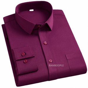 Camisas masculinas de outono com mangas LG Fi Busin Anti Rugas Slim Fit Sólido Rosa Azul Roxo Bolsos Banquete Data Groomsman M8AE #