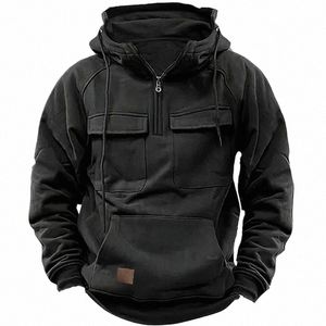 Casual Autumn LG Sleeve Hooded Zip Sweatshirts Streetwear Winter Solid Men Pullovers Fi Multi-Pocket Stitch Cargo Hoodie B6IV#