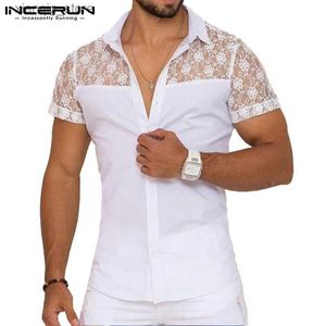 Men's T-Shirts Men Shirt Lace Mesh Patchwork Lapel Short Sleeve Streetwear See Through Sexy Camisas Summer 2024 Party Men Clothing24328