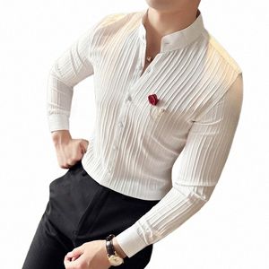 spring Fr Brooch Shirts Men Lg Sleeve Casual Shirt Stand Collar Busin Social Office Dr Shirt Party Tuxedo Blouse H5DT#