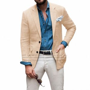 جديد بيج الكتان رجال Blazer Slim Fit Classic Summer Beach Prom Suit Suct stack for Men Busin Busin Thin Coat 1 قطعة A5AF#