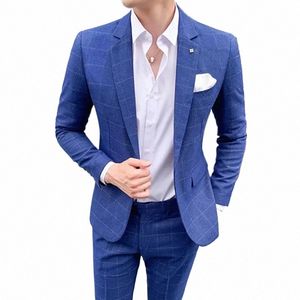 2 Pieces Suits Set Men Style Design Fi Male Slim Fit Plaid Wedding Dr Blazers Jacket Pants Trousers Coat k44s#