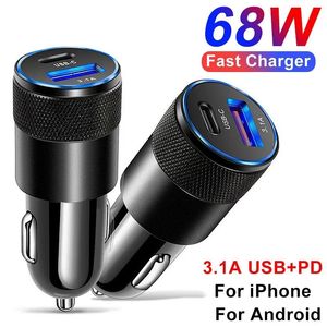 USB Type C Car Charger 68W PD-telefon Fast Charging USB-C Adapter för mobil Xiaomi Note 11 iPhone 13 12 QC 3.0