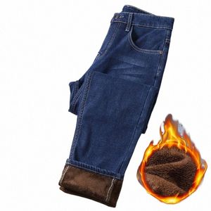 2022 New Brand Winter Warm Flocking Denim Soft Men Activities Fleece Line Men Jeans Black Blue Colors v0Np#