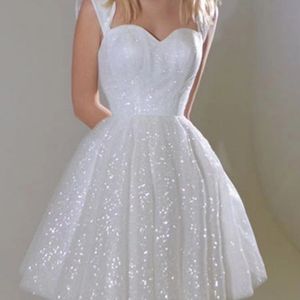 Schlichtes und funkelndes weißes A-Linien-Kleid, süßes Chiffon-Mini-Back-to-School-Kleid, Bankett-Damenkleid, Hochzeit, Brautjungfern-Abendkleid