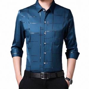 smart Casual Men New Thin Plaid Smooth Shirts Lg Sleeve Lapel Spring Autumn Clothing Kore Male Loose Busin Fi Tops E5JC#