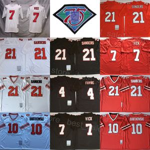 Vintage Football Throwback 21 Deion Sanders Jersey Homens 75º Aniversário Retro 7 Michael Vick 10 Steve Bartkowski Preto Vermelho Branco Costurado para Fãs de Esporte Uniforme