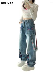 Jeans da donna Boliyae Star Design Baggy Cargo Donna Harajuku Pantaloni larghi a vita alta Y2k Moda Streetwear Pantaloni in denim a gamba larga lavati