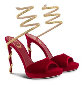 Luxo verão mulheres margot vermelho veludo sandália sapatos renecaovilla cristal tiras envolve em torno do calcanhar tornozelo senhora festa de casamento salto alto vestido sapato EU35-43