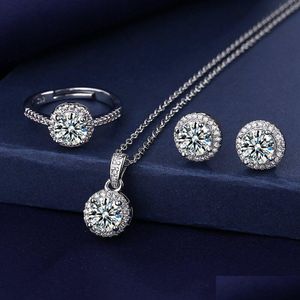 Conjuntos de jóias Solitaire Lab Diamond Set 925 Sterling Sier Party Anéis Brincos Colar para Mulheres Nupcial Moissanite Drop Delivery DHD3M