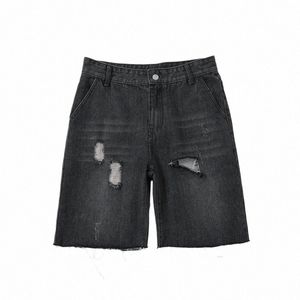 Pantaloncini di jeans da uomo stile coreano Fi Ripped Hip Hop Pantaloni corti Gamba dritta Lunghezza al ginocchio Pantaloni corti Nero Blu N7z6 #