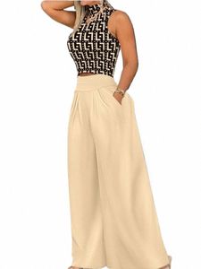 2024 Estate Fi Stampa a due pezzi Set Donna Casual Solid Sleevel Canotta Pantaloni a gamba larga Set a due pezzi Donna Y75q #