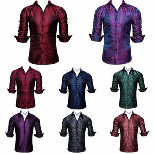 Luxus-Seide-Herrenhemden Rot Blau Schwarz Grün Lila Gold Weiß Grau Paisley FR Lg-Ärmel Regelmäßige Slim Fit Lässige Blusen N9xw #