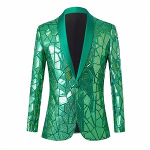 Mens Luksusowy zielony cekinowa kurtka blezer szal lapel jeden tyłek błyszczący w stylu weselny kurtki obiadowe smoking Blazer B8fu#