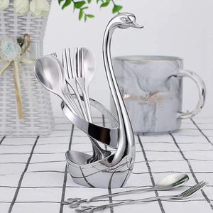 Dinnerware Sets Retail 1Set Stainless Steel Set Swan Base Holder With Forks And Spoons For Coffee Dessert Stir Cake