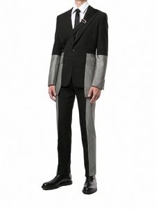 Siyah gri patchwork 2 parçalı set erkekler ceket düğün smokin ceket pantolon pantolon giyim groom balo parti resmi blazer pantolon e0u3#