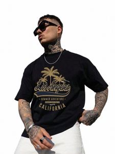 夏の男性ロサンゼルスTシャツ半袖コットトップティーザルFIカミゼタコイカットツリープリントカジュアルストリートウェアA6L2＃