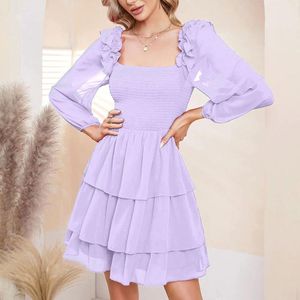 Abiti casual Mini abito in chiffon da donna Gonna torta chic Collo quadrato vintage Vestibilità slim Abito estivo a maniche lunghe Viola chiaro Fata Streetwear