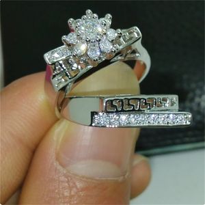 Conjunto de anéis vazados para amantes, zircônia, ouro branco, aliança de casamento para mulheres, promessa de noivado, joias, presente