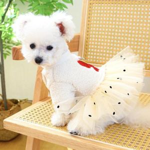 Cão vestuário pet princesa vestido malha retalhos com anel de tração decoração inverno quente laço bonito saia york vestidos de casamento para cães gatos