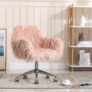 1 st söt rosa päls med hjul, faux päls svivel skrivbord bekväm makeup fåfänga stol, höjd justerbar dressing rullstol för sovrum vardagsrumskontor