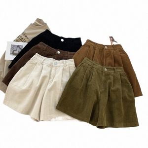 2024 neue Cord Damen Cargo-Shorts Herbst Winter Hohe Taille Breite Bein Shorts Casual Vintage Weibliche Hose Fi 14eQ #
