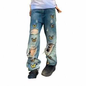 2022 High Street Farfalla Ricamo Baggy Uomini Grunge Jeans Pantaloni Strappati Hole Hip Hop Vintage Punk Pantaloni in denim Ropa Hombre z63d #