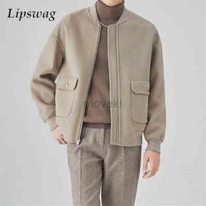 Herren Leder Kunstleder Winter Dicke Wolljacke Herren Mäntel Herbst Mode Aufgesetzte Taschen Einfarbige Oberbekleidung Herren Stehkragen Reißverschluss Mantel Streetwear 240330