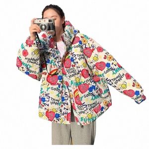 Женская куртка Лидер продаж Повседневное однотонное зимнее женское пальто Бренд Fi Красочные граффити Harajuku Уличная теплая короткая куртка 86CB #