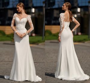 Boho Garden Embroidery Lace Mermaid Wedding Dresses With Long Sleeves Scoop Neck Elegant Satin Bride Gowns Sweep Train Back Buttons Bridal Robes de Mariee CL3426