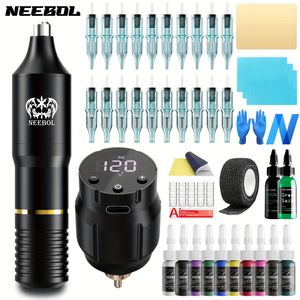 1set Wireless Tattoo Kit Complete Pen Machine With 1500mAh LED Cordless Power Supply For Professionals Artists 240322