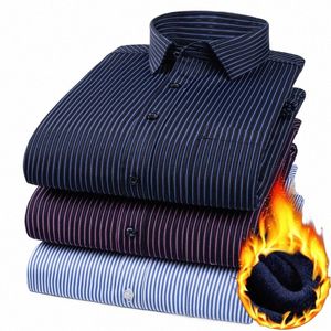 stripe Shirt Men Fleece Winter 2023 Flannel Thick Warm Dr Tuxedo Formal Shirt Casual Lg Sleeve Slim Fit Pocket Veet b2Th#