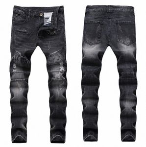 FI Rowerzyniczka streetwear dżinsy Homme Men Slim Fit Black Moto High Quality Denim Pants Joggers Slim Men Dżinsy 75dl#