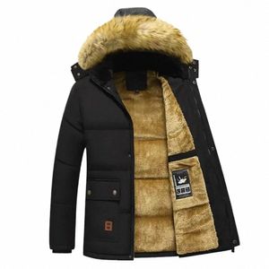 tpjb New Men Winter Parka Fleece Lined Thick Warm Hooded Fur Collar Coat Male Size 5XL Plush Jacket Autumn Work Outwearing Black I97j#