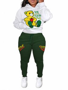 2024 Women's Letter Print 2 Piece Outfits Teddy Bear Letter Print Kangaroo Pocket Tracksuit Set LG Sleeve Sweatshirt and Pants 326i#